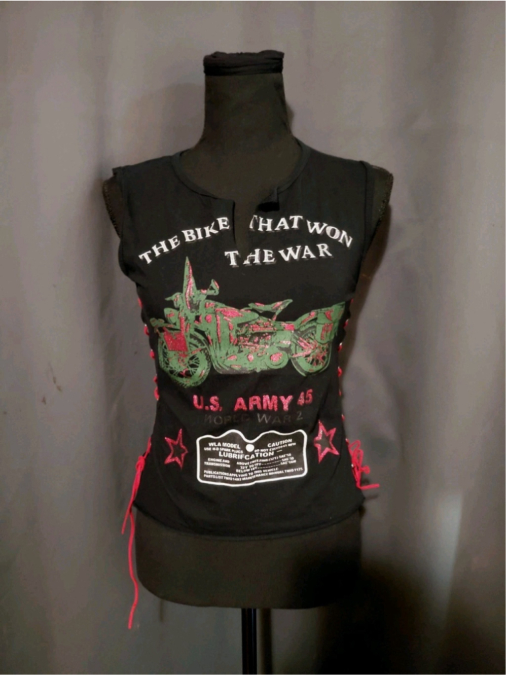 The Bike That Won The War Biker Motorcycle Harley US Army Upcycle Lace Up Top